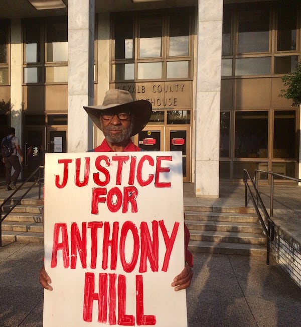 Nathan Knight, head of the SCLC in DeKalb County, outside the courthouse as the murder trial in the death of Anthony Hill gets underway. Photo by Bill Torpy