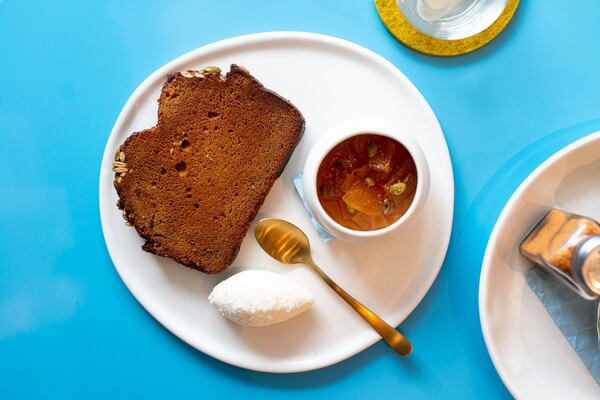 Warm Pumpkin Bread with whipped Decimal Place feta, and pumpkin seed agrodolce. Photo credit- Mia Yakel.