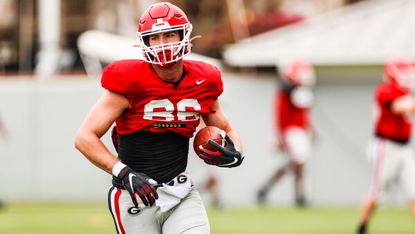 Georgia tight end John FitzPatrick (86)  runs after a catch during the Bulldogs’ practice session Tuesday, March 23, 2021, outside the Butts-Mehre football complex in Athens. (Tony Walsh/UGA)