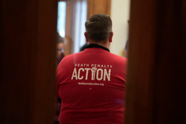 Bob Henry stands in the governors office during a gathering of the Indiana Abolition Coalition at the Statehouse, Thursday, Dec. 12, 2024, in Indianapolis. (AP Photo/Darron Cummings)