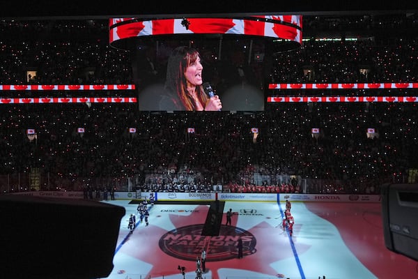 Singer Chantal Kreviazuk performs "O Canada" prior to the 4 Nations Face-Off championship hockey game, Thursday, Feb. 20, 2025, in Boston. (AP Photo/Charles Krupa)