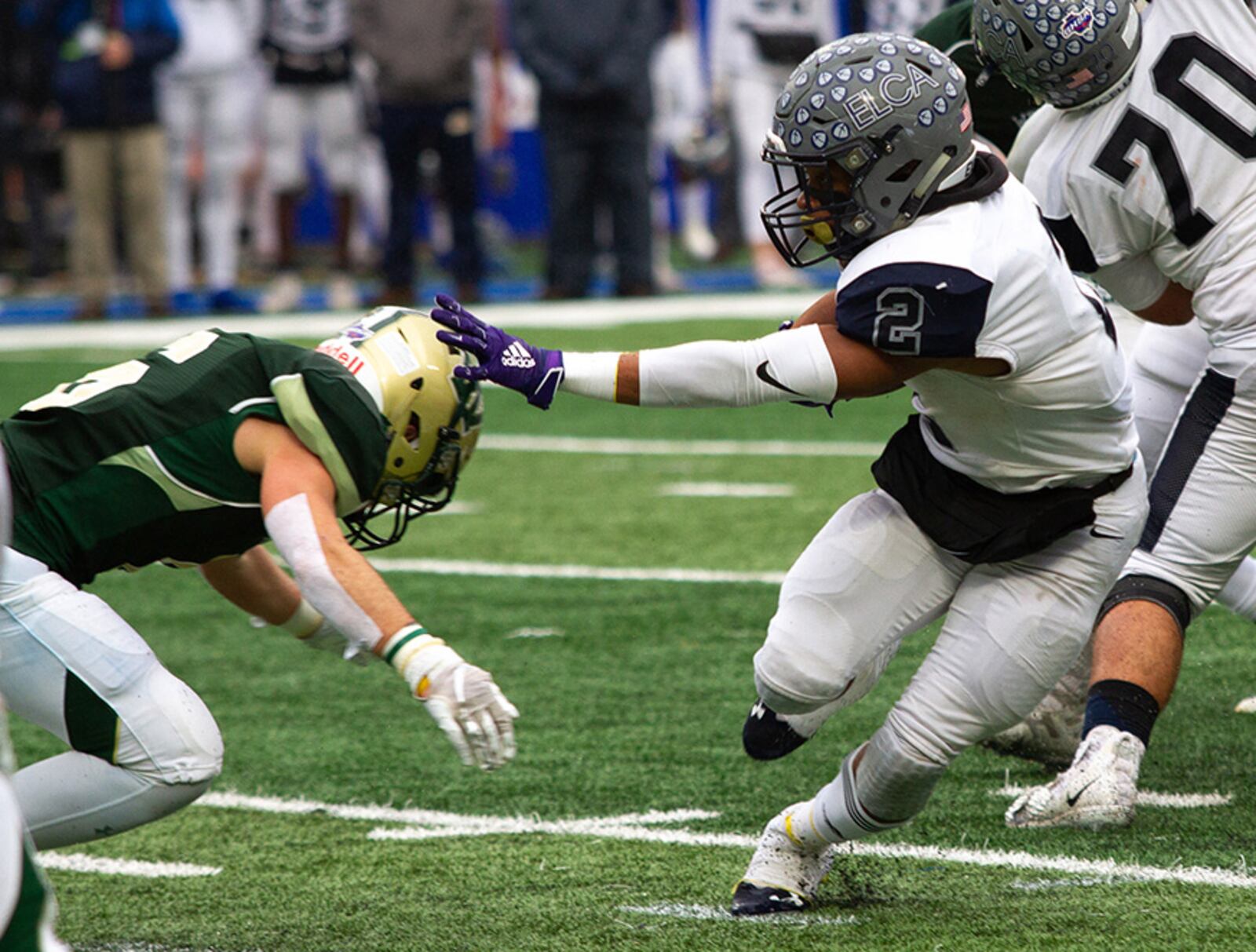 Eagle's Landing Christian Academy's Keaton Mitchell puts a move on a Wesleyan defender during the Class A-private state title football championship Friday, Dec. 13, 2019, at Georgia State Stadium in Atlanta.