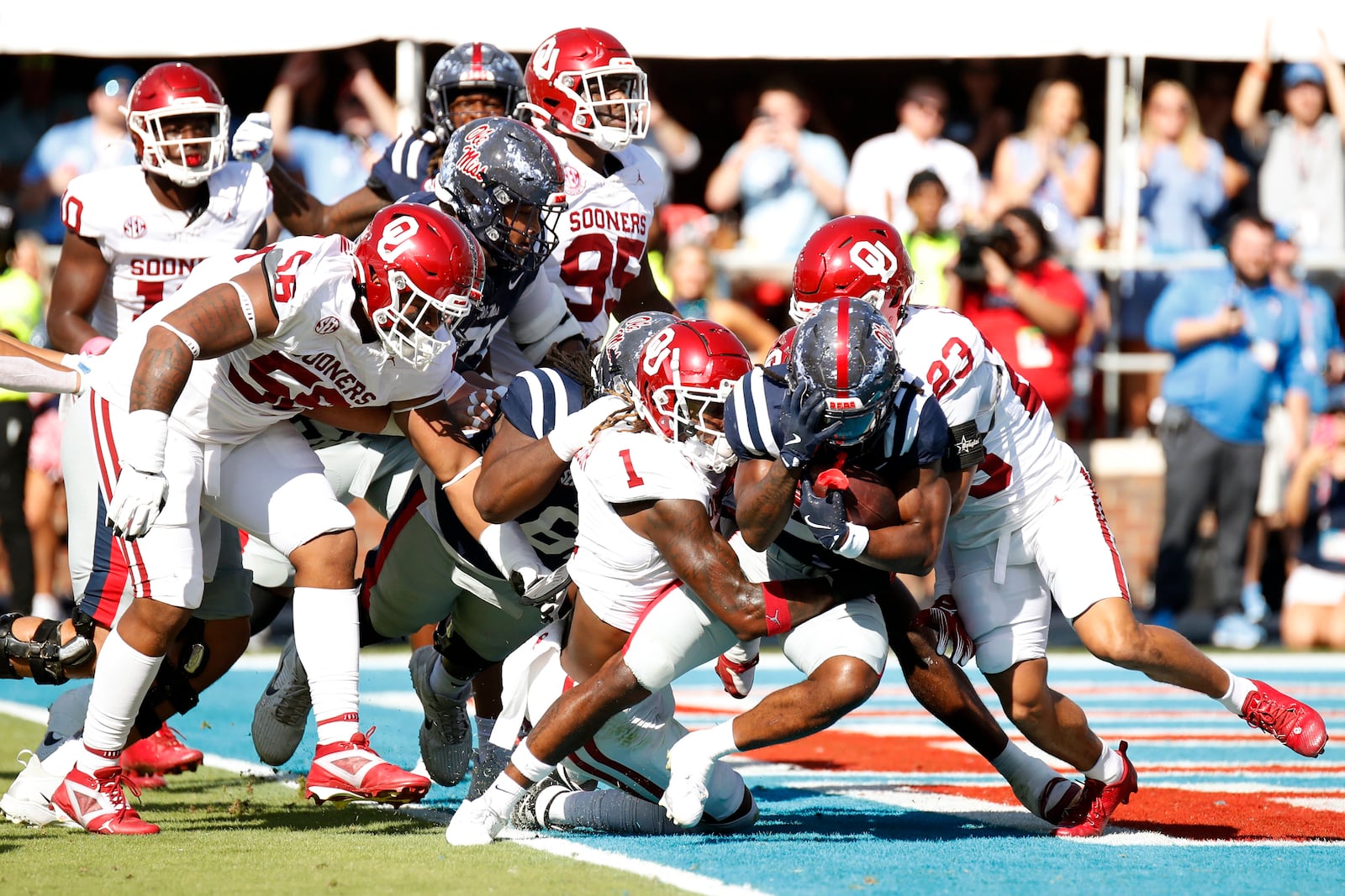 University of Mississippi running back Henry Parrish, Jr. (21) scores a touchdown during the first half of an NCAA college football game against Oklahoma University on Saturday, October 26, 2024, in Oxford, Miss. (AP Photo/Sarah Warnock)