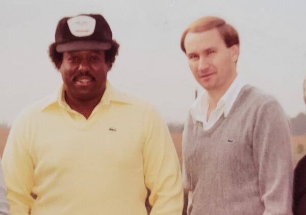 William Lewis (left) and John Bryan in 1981 at a tournament in St. Louis. Bryan later became executive director of the Georgia PGA and was asked by Lewis to introduce him upon his induction into the Black Golf Hall of Fame.