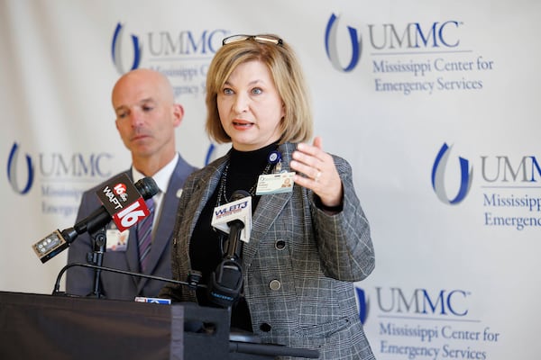 Dr. LouAnn Woodward, vice chancellor for health affairs, speaks to media after an AirCare medical transport helicopter crashed Monday, March 10, 2025, in Jackson, Miss. (Melanie Thortis/University of Mississippi Medical Center via AP)