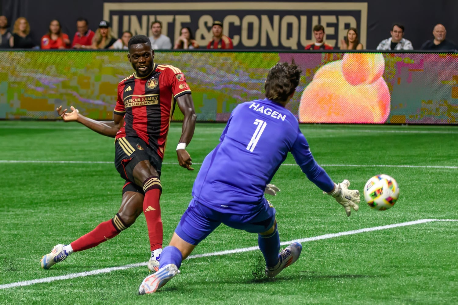 Jamal Thiaré shoots on goal during the Atlanta United game against Columbus Crew at Mercedes Benz Stadium in Atlanta, GA on July 20, 2024. (Jamie Spaar for the Atlanta Journal Constitution)