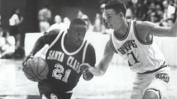 Lloyd Pierce, who agreed to a contract May 11, 2018 to become the Atlanta Hawks' next head coach, played for Santa Clara in the 1990s. Here he is in action as a sophomore when Santa Clara defeated Michigan State in the third-place game of the Maui Invitational on Nov. 22, 1995. Michigan State coach Tom Izzo was coaching his third game for the Spartans. (Photo courtesy of Santa Clara University.)