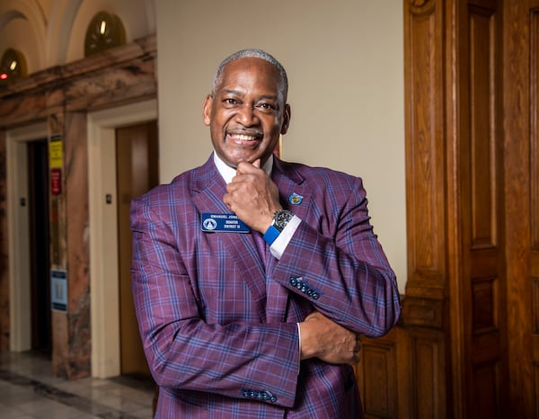 Georgia state Sen. Emanuel Jones, D-Decatur (above) was interrupted by a bell Tuesday has he was questioning Senate Republican Whip Randy Robertson about a bill instituting mandatory minimum sentencing for pimps and johns. (Alyssa Pointer/The Atlanta Journal-Constitution)