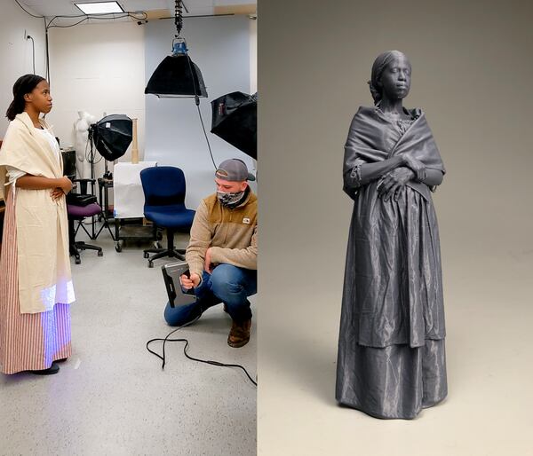 Kennesaw State University students used technology to create a smaller version of a sculpture that will be based on the likeness of living history interpreter Misha Harp. The smaller model will help the artist create a full-sized sculpture that will go in the courtyard. Credit: Cobb Landmarks & Historical Society