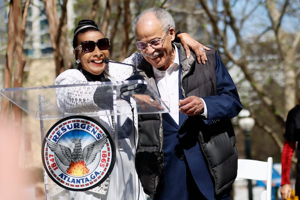 Xermona Clayton jokes with her statue's creator, Ed Dwight, moments before the unveiling on Wednesday, March 8, 2023. The figure was unveiled on International Women's Day and Clayton is the first black woman to have a statue in downtown Atlanta.
Miguel Martinez /miguel.martinezjimenez@ajc.com