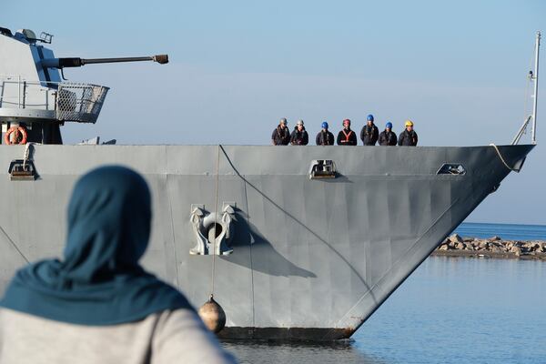 The Italian navy ship Libra arrives at the port of Shengjin, northwestern Albania, Friday, Nov. 8, 2024, with the second group of eight migrants intercepted in international waters to be processed there in a reception facility despite the failure with the first group in October.(AP Photo/Vlasov Sulaj)