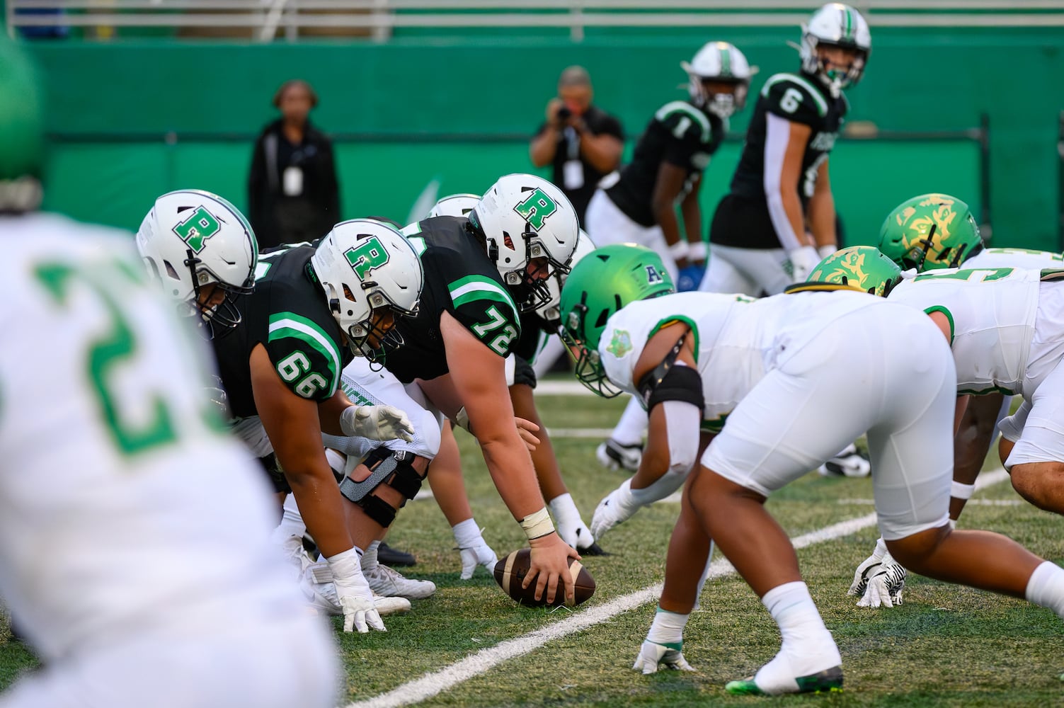 Roswell and Buford line up for a play. (Jamie Spaar for the Atlanta Journal Constitution)