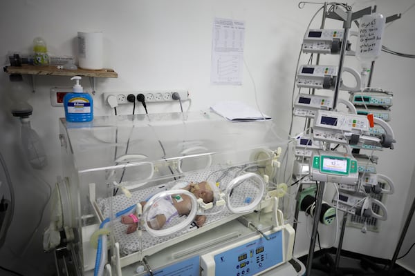 A two-month-old Palestinian baby, Eila Sarsak, receives treatment in an incubator at the Patient Friends Hospital in Gaza City, where she has been in intensive care for ten days due to the effects of the cold weather, on Tuesday, Feb. 25, 2025. (AP Photo/Jehad Alshrafi)