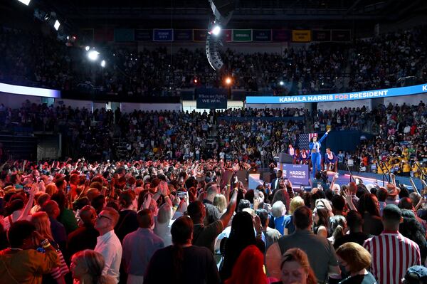 Rapper Megan Thee Stallion performs Tuesday at a rally for Vice President Kamala Harris at the Georgia State University Convocation Center in Atlanta. The event drew the largest Democratic crowd yet this campaign cycle, Harris campaign officials said. (Hyosub Shin / Hyosub.Shin / ajc.com)