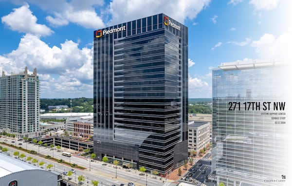 A rendering of Piedmont Healthcare signage on the 271 17th Street tower in Atlantic Station in Midtown Atlanta. Provided