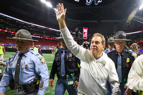 Alabama Crimson Tide head coach Nick Saban walks off the field after defeating the Georgia Bulldogs 27-24 in the SEC Championship football game at the Mercedes-Benz Stadium in Atlanta, on Saturday, December 2, 2023. (Jason Getz / Jason.Getz@ajc.com)