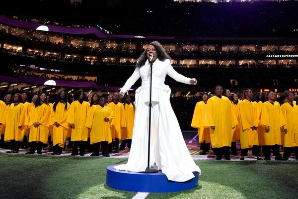 Ledisi performs "Lift Every Voice and Sing" prior to the NFL Super Bowl 59 football game between the Philadelphia Eagles and the Kansas City Chiefs, Sunday, Feb. 9, 2025, in New Orleans. (AP Photo/Brynn Anderson)