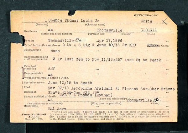 A card documenting Spence's service in the American Expeditionary Forces in World War I. (Courtesy St. Mihiel American Cemetery)