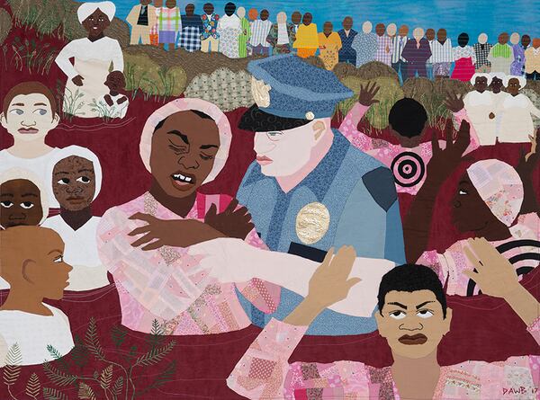 "Baptizing Our Children in a River of Blood," is one of the searing images in the racial justice quilts of Atlanta textile artist Dawn Williams Boyd.