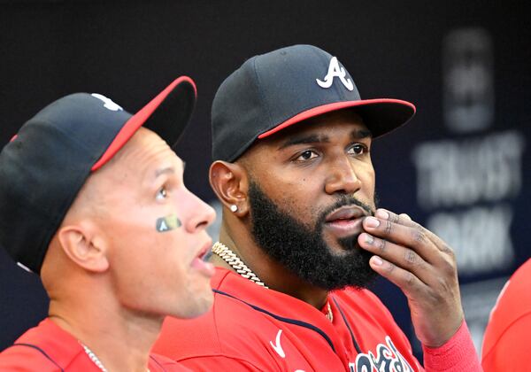 August 19 , 2022 Atlanta -Atlanta Braves' Marcell Ozuna (right) appears during Atlanta Braves home game against Houston Astros at Truist Park on Friday, August 19, 2022. Marcell Ozuna expressed disappointment and kept his comments short in the Braves clubhouse Friday afternoon, nearly 12 hours after his arrest for DUI.(Hyosub Shin / Hyosub.Shin@ajc.com)