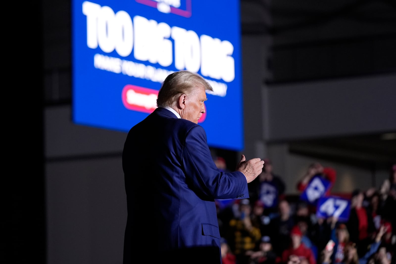 Republican presidential nominee former President Donald Trump departs after speaking during a campaign rally at the Suburban Collection Showplace, Saturday, Oct. 26, 2024, in Novi, Mich. (AP Photo/Alex Brandon)