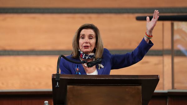 7/30/20 - Atlanta, GA -  U.S. House Speaker Nancy Pelosi addresses the service.  On the sixth day of the “Celebration of Life” for Rep. John Lewis, his funeral is  held at Ebenezer Baptist Church in Atlanta, with burial to follow.   Alyssa Pointer / alyssa.pointer@ajc.com