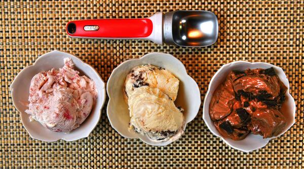 Variations on the No-Churn Vanilla Ice Cream recipe include (from left) Roasted Strawberry, Cookies 'N' Cream and Double Chocolate. Styling by Susan Puckett / Chris Hunt for the AJC