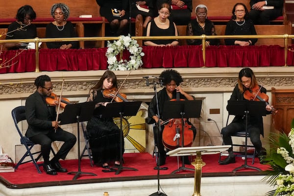 The Nebulous String Quartet performs during a ceremony in celebration of Roberta Flack's life at The Abyssinian Baptist Church on Monday, March 10, 2025, in New York. (AP Photo/Richard Drew)