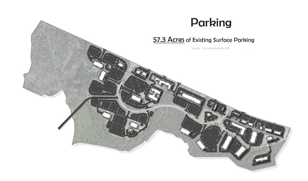 This map shows the amount of parking lots within the 155-acre Brookside office district. More than a third of the area is surface parking. (City of Alpharetta)