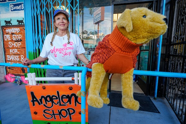 Business owner Silvia Navarro, who recently opened a dog and cat food supply store, poses for a photo outside her store in Los Angeles on Oct. 11, 2024. (AP Photo/Damian Dovarganes)