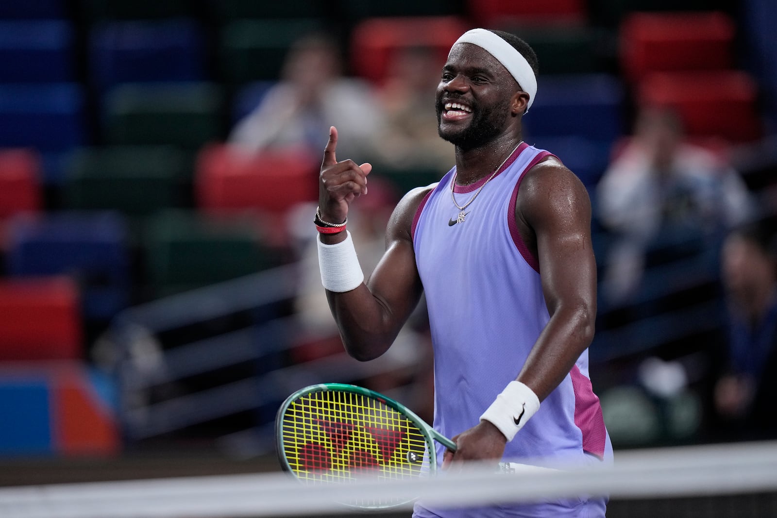 Frances Tiafoe of the United States reacts after defeating Zhou Yi of China in the men's singles second round match in the Shanghai Masters tennis tournament at Qizhong Forest Sports City Tennis Center in Shanghai, China, Monday, Oct. 7, 2024. (AP Photo/Andy Wong)