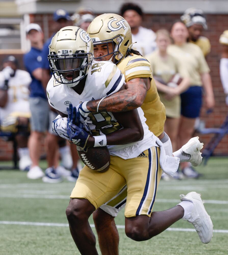 Defensive back Kenyatta Watson II breaks up a pass intended for wide receiver Abdul Janneh during Georgia Tech's spring football game in Atlanta on Saturday, April 15, 2023.   (Bob Andres for the Atlanta Journal Constitution)