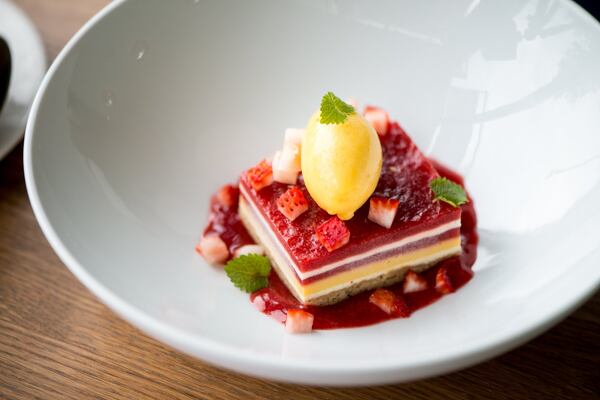 Strawberry Shortcake with brown butter cake, vanilla ice cream, strawberry gelee, and passionfruit sorbet. Photo credit- Mia Yakel.