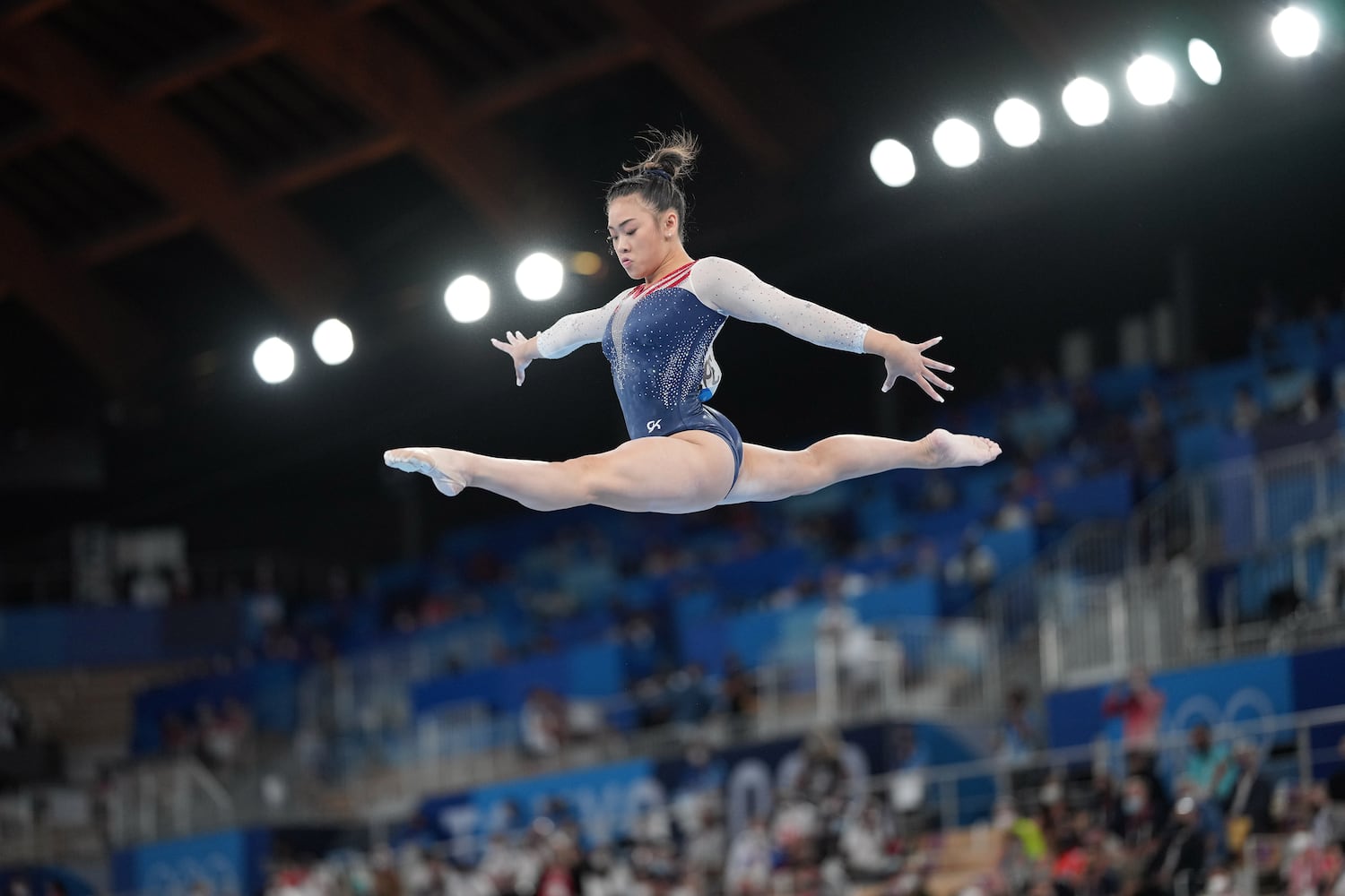 Sunisa Lee of the United States performs on the balance beam during the women's all-around gymnastics competition at the postponed 2020 Tokyo Olympics in Tokyo on Thursday, July 29, 2021. (Doug Mills/The New York Times)