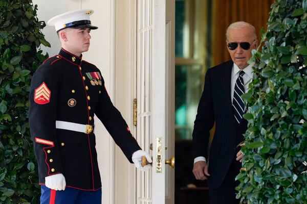 President Joe Biden arrives to speak in the Rose Garden of the White House in Washington, Thursday, Nov. 7, 2024. (AP Photo/Ben Curtis)