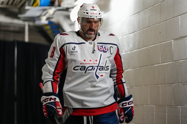 Washington Capitals' Alex Ovechkin (8) approaches the ice for the start of the second period of an NHL hockey game against the New York Rangers Wednesday, March 5, 2025, in New York. (AP Photo/Frank Franklin II)