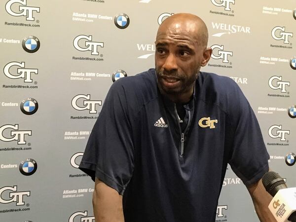 Georgia Tech defensive ends/outside linebackers coach Marco Coleman speaks with media after a preseason practice Aug. 6, 2019.