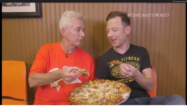 Rich Torpy, the author's cousin, and owner of Obbie's pizza in Chicago, sits with TV host Elliot Bambrough. Obbie's earned a "Chicago's Best" award from the station in 2018. (WGN)