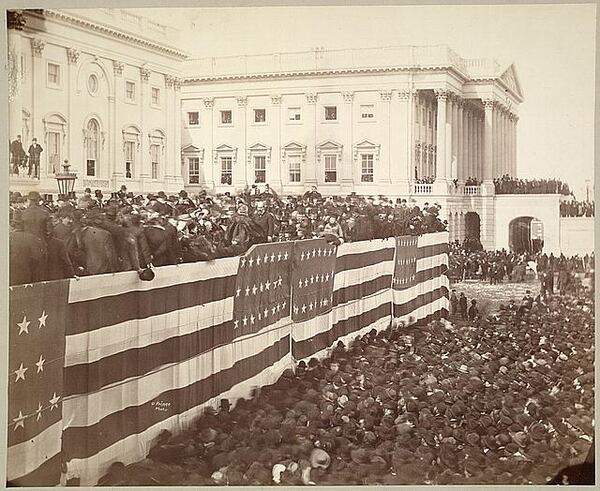 U.S. Supreme Court Chief Justice Morrison R. Waite administers the oath of office to President James A. Garfield on the east portico of the U.S. Capitol, March 4, 1881.