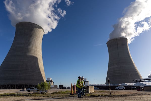 From left, cooling towers for units 4 and 3 are seen at Plant Vogtle, operated by Georgia Power Co., in east Georgia's Burke County near Waynesboro, on May 29. (Arvin Temkar/The Atlanta Journal-Constitution/TNS)