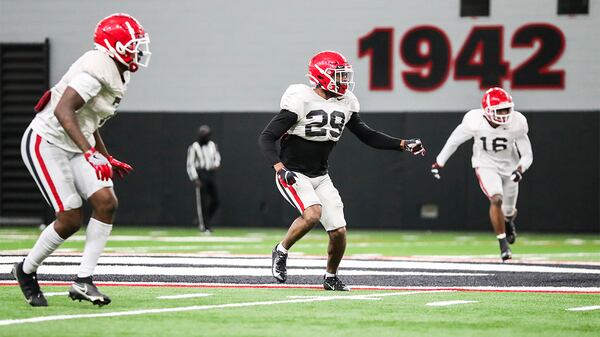 Georgia defensive back Christopher Smith (29) during the Bulldogs’ practice session for the Chick-fil-A Peach Bowl Monday, Dec. 28, 2020, in Athens. (Tony Walsh/UGA Sports)