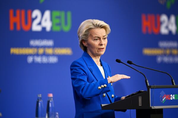 European Commission President Ursula von der Leyen addresses a media conference at the end of an EU Summit at the Puskas Arena in Budapest, Friday, Nov. 8, 2024. (AP Photo/Denes Erdos)