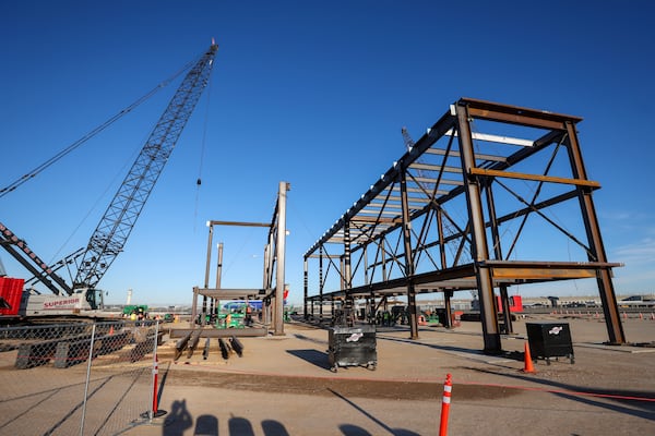 The first few modulars are shown under construction to widen Hartsfield-Jackson Concourse D at the Modular Yard near the Hartsfield-Jackson International Airport, Thursday, December 14, 2023, in Atlanta. During the $1.3 billion project, starting next April each modular component will be transported and connected onto Concourse D, enabling most gates to remain active throughout. (Jason Getz / Jason.Getz@ajc.com)