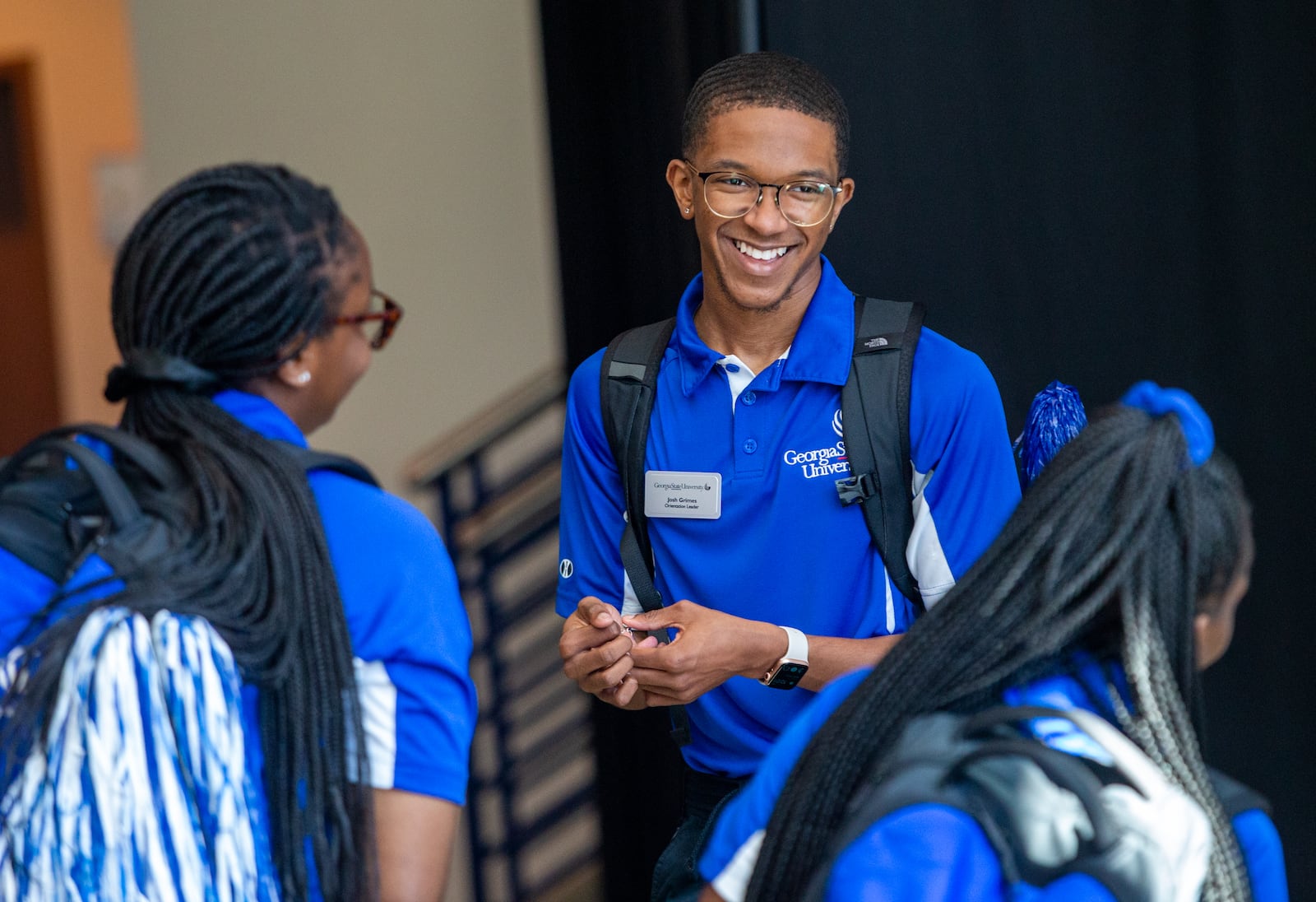 Orientation Leader Josh Grimes gathers with other Georgia State University student leaders during orientation for more than 150 incoming students Wednesday, June 23, 2021.  At Georgia State, Black students make up the majority of the student body, according to the school’s website. (Jenni Girtman for The Atlanta Journal-Constitution)