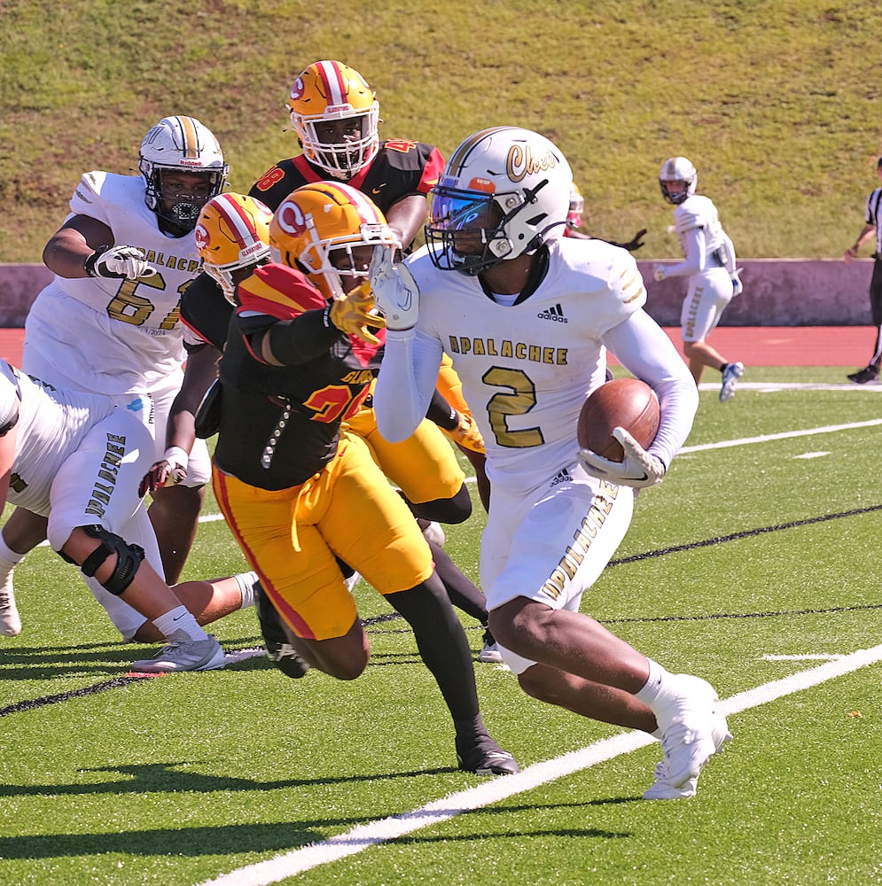 Apalachee #2 Favian Williford on his way to scoring the first touchdown of the game.
Apalachee High School returned to the field against Athens Clark Central Saturday September 28, 2024 in their first game since the school schooting earlier in the month.

 Nell Carroll for the Journal Constitution