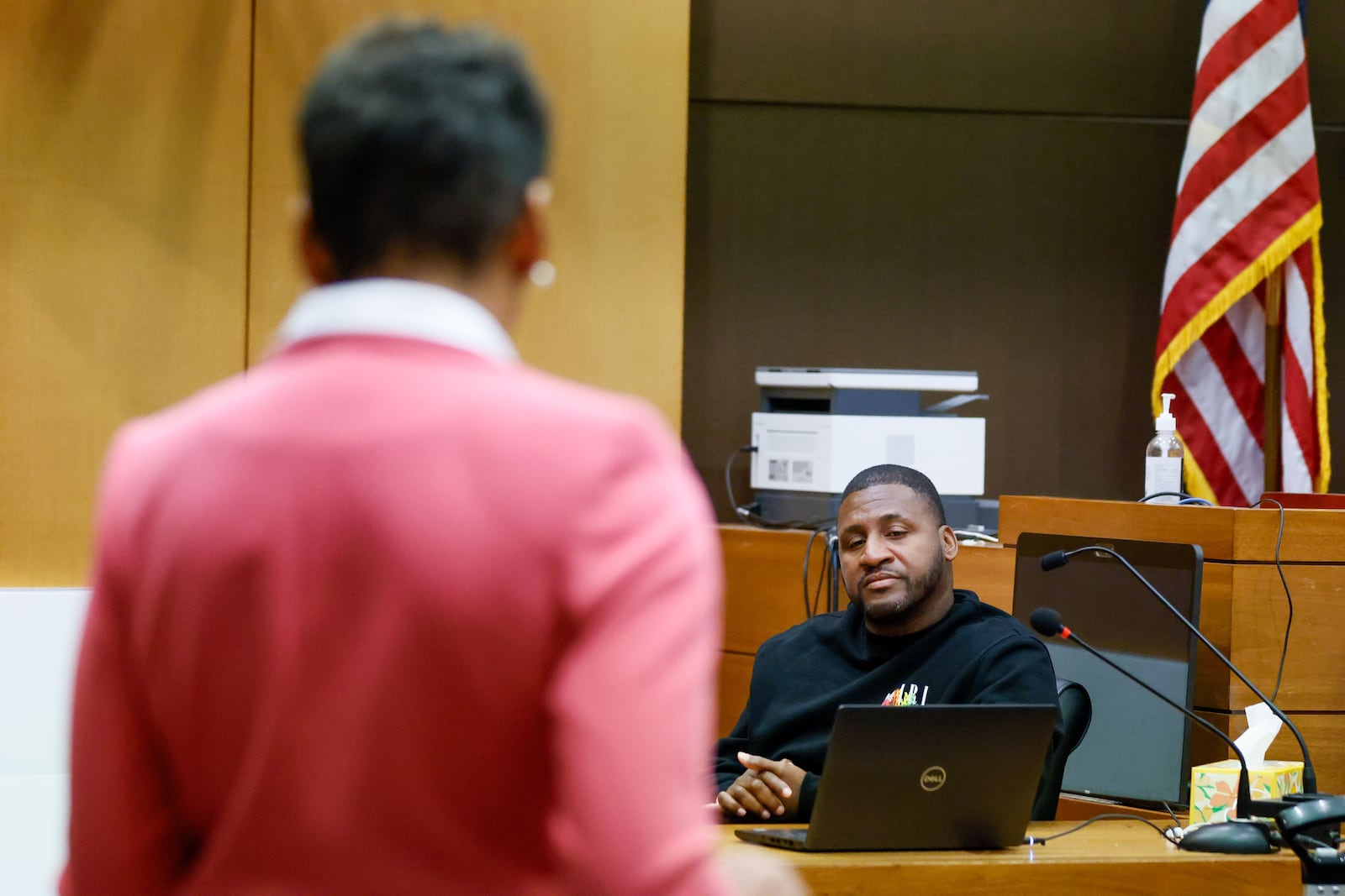 Antonio Sledge, a former co-defendant of Young Thug, answers quuestions from Chief Deputy District Attorney Adriane Love during the YSL trial at the Fulton County Courthouse in Atlanta on Wednesday, Sept. 4., 2024.
(Miguel Martinez / AJC)