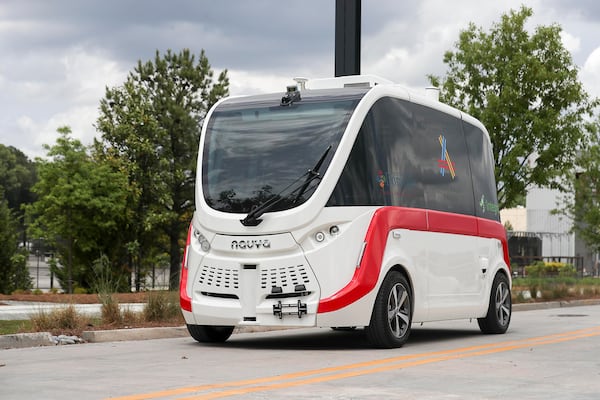 A NAVYA autonomous vehicle rides around the Assembly development in Doraville (ALYSSA POINTER/ALYSSA.POINTER@AJC.COM)