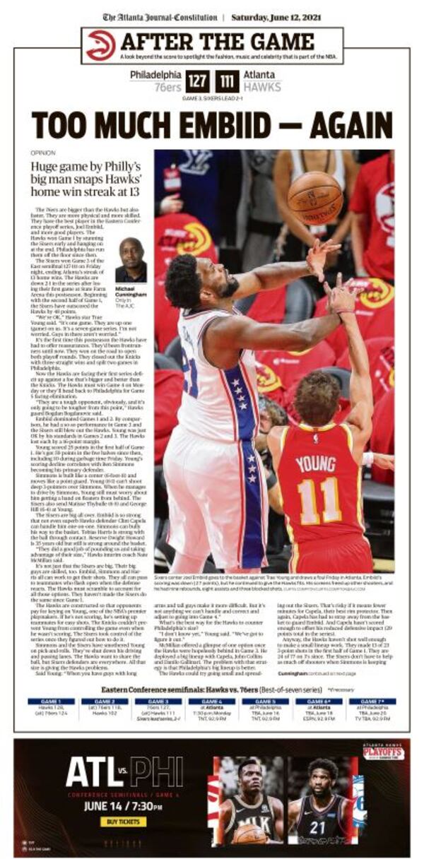 AJC ePaper coverage of the Hawks’ Game 3 of the NBA playoffs against Philadelphia