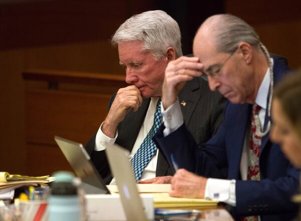 Tex McIver (L) listens to the testimony of Jay Grover during Day 9 of his murder trial at the Fulton County Courthouse on Friday, March 23, 2018. Seated next to McIver is defense co-counsel Bruce Harvey. (STEVE SCHAEFER / SPECIAL TO THE AJC)