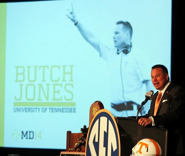 Tennessee coach Butch Jones speaks to the media at the Southeastern Conference NCAA college football media days, Tuesday, July 15, 2014, in Hoover, Ala. (AP Photo/Butch Dill) Butch Jones explains "the power of one." (Butch Dill/AP)